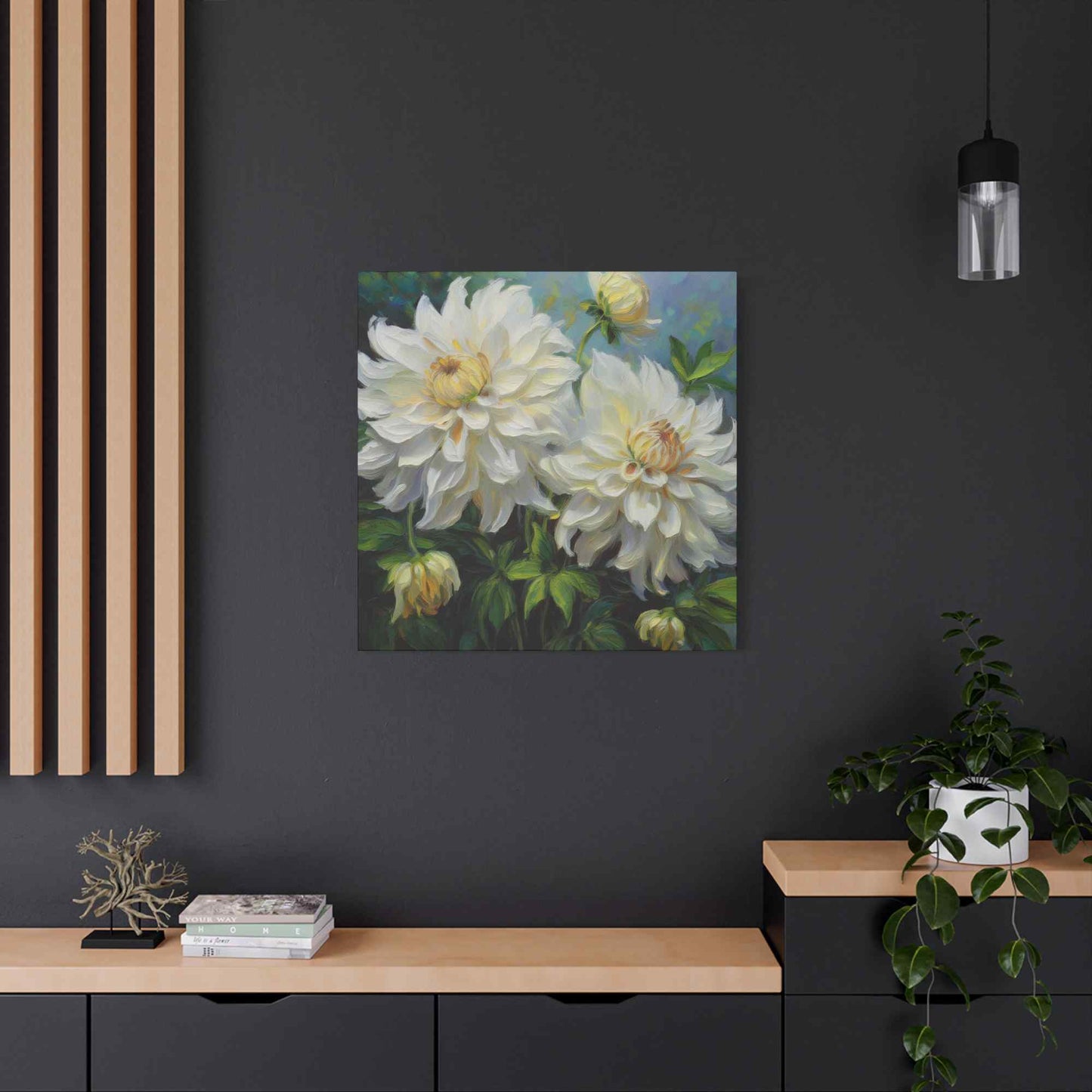 White Dahlias Print Canvas, Floral Oil Paint Print 20x20, 24x24, 30x30, 32x32, 36x36 Art Design Pine-Wood Inner Frame MC-170