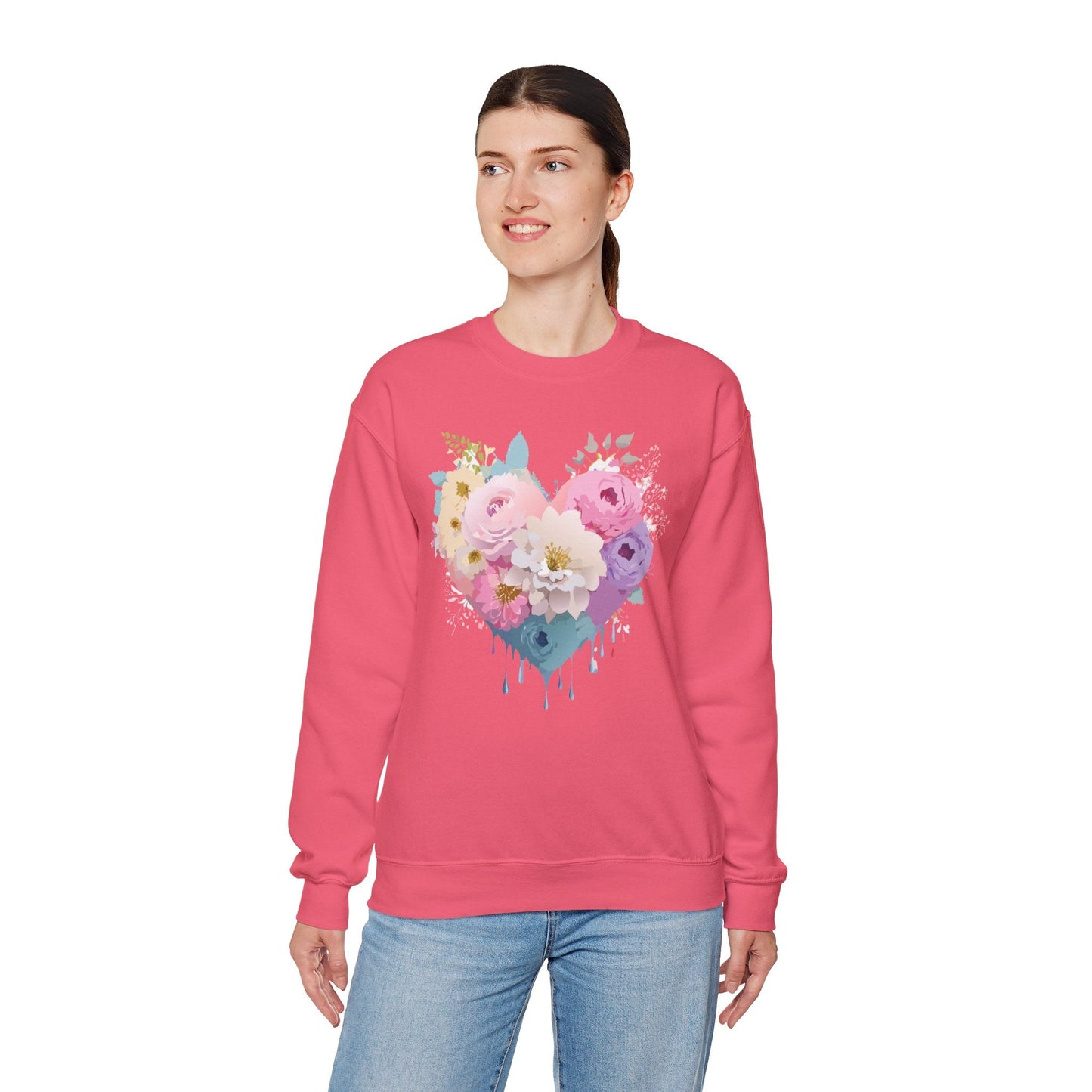 Floral Heart Unisex Crewneck Sweatshirt With Floral Love Valentines Day Design Premium Heavy Blend