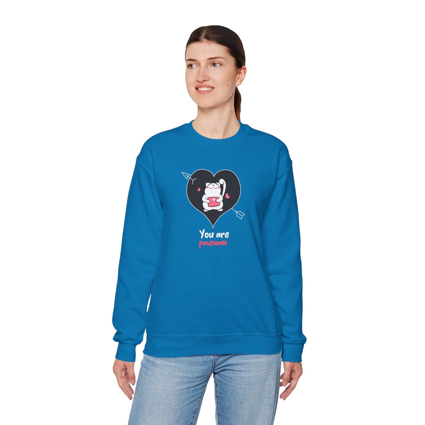 Cat Heart Sweatshirt Unisex Valentines Day Fifty Fifty Cotton Poly Crewneck Gildan 18000