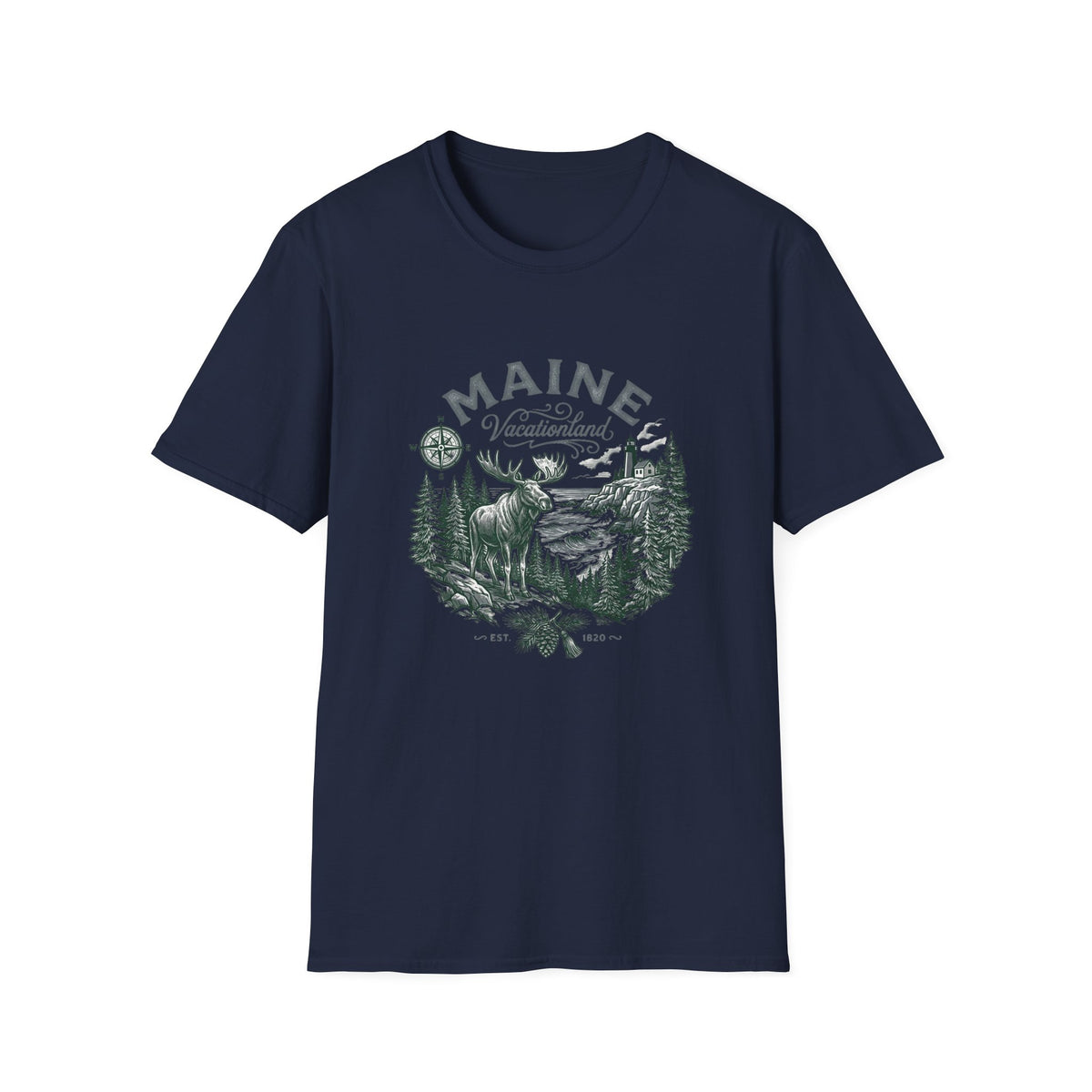 Maine Wilderness Moose Graphic T-Shirt — Vintage State Nature Travel Tourist Graphic Design Unisex 100 Cotton Gildan T-Shirt