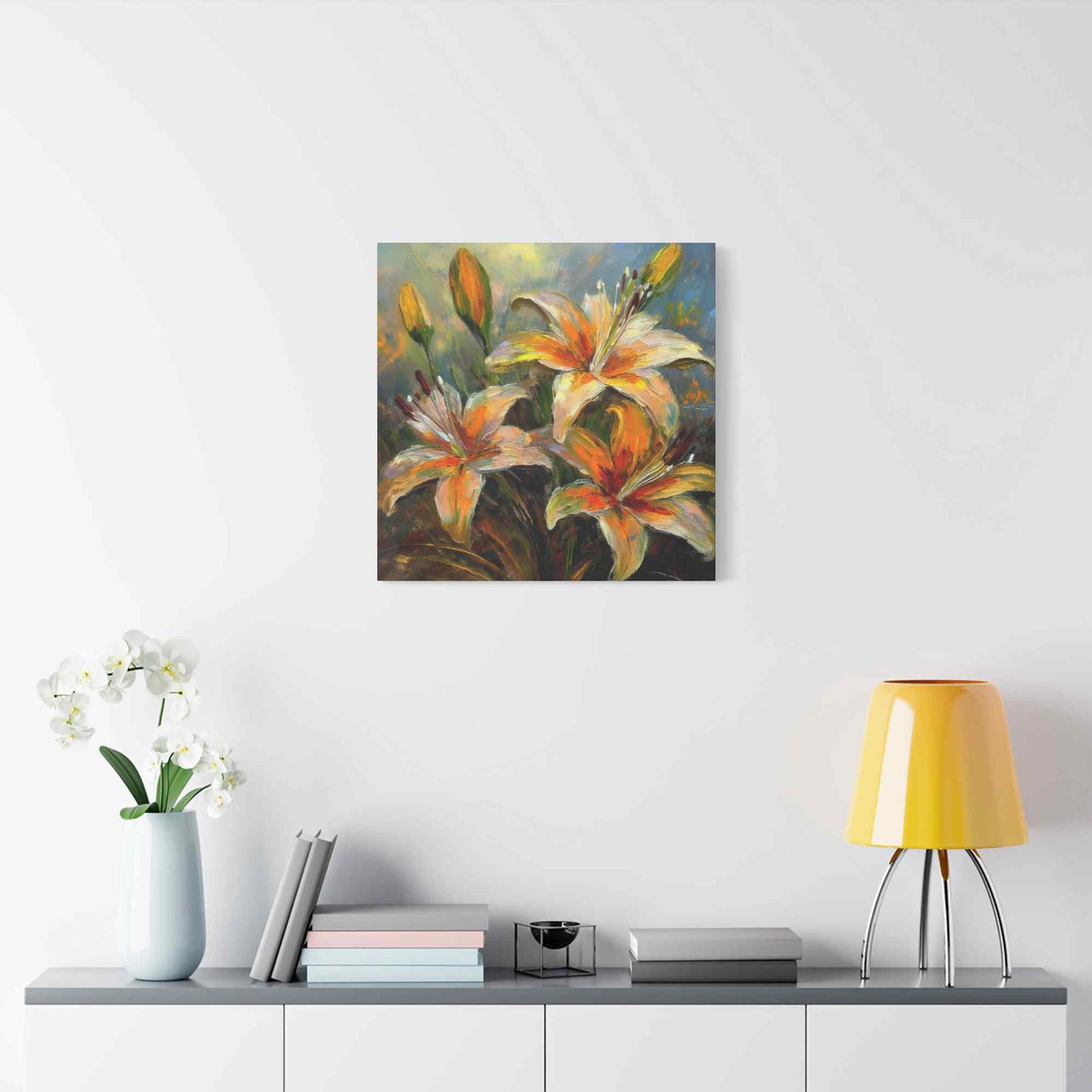 Gold Lilies Print Canvas, Floral Oil Paint Print 20x20, 24x24, 30x30, 32x32, 36x36 Art Design Pine-Wood Inner Frame MC-152