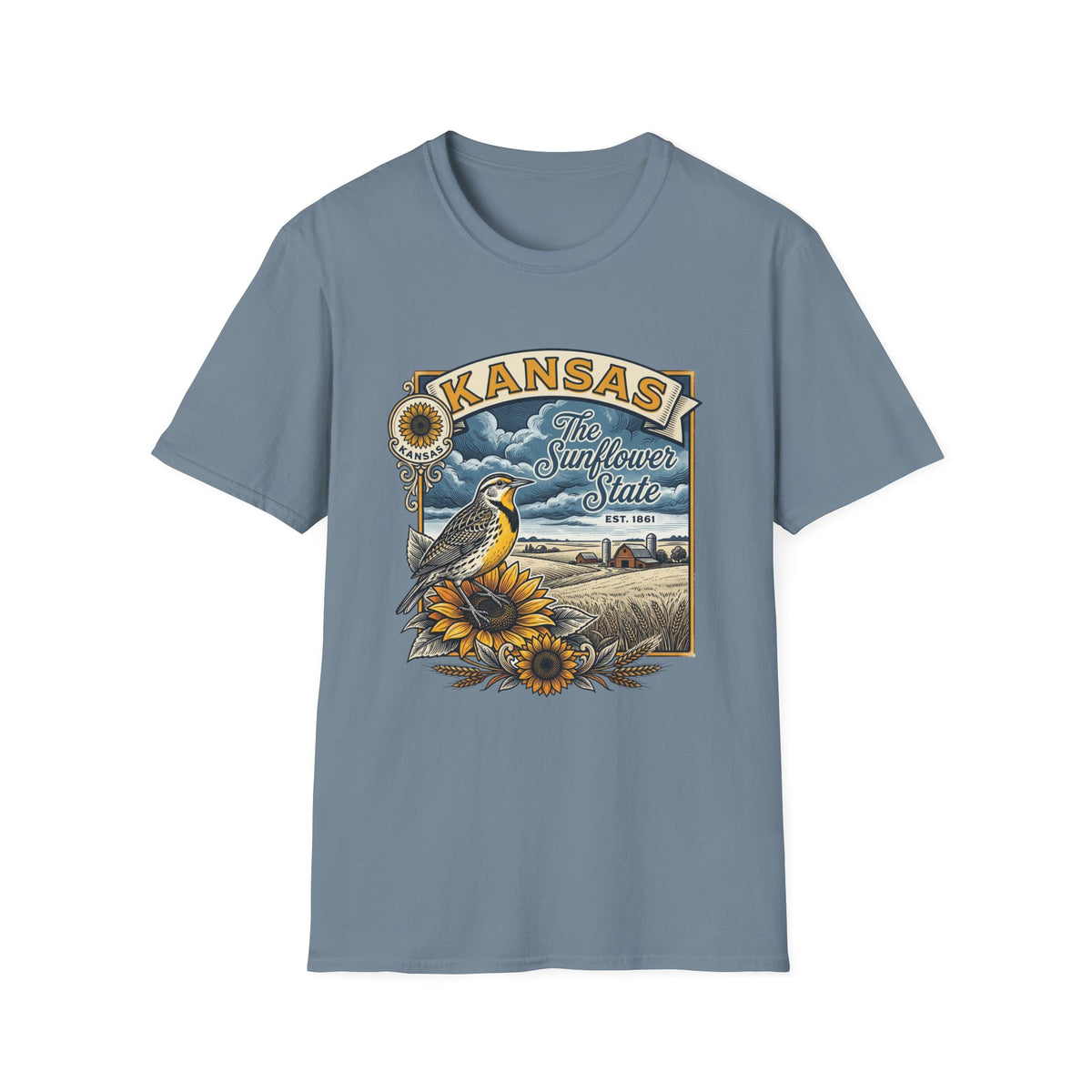 Kansas Sunflower State T-Shirt | Meadow Bird Vintage Travel Tourist Graphic Design Unisex 100 Cotton Gildan T-Shirt