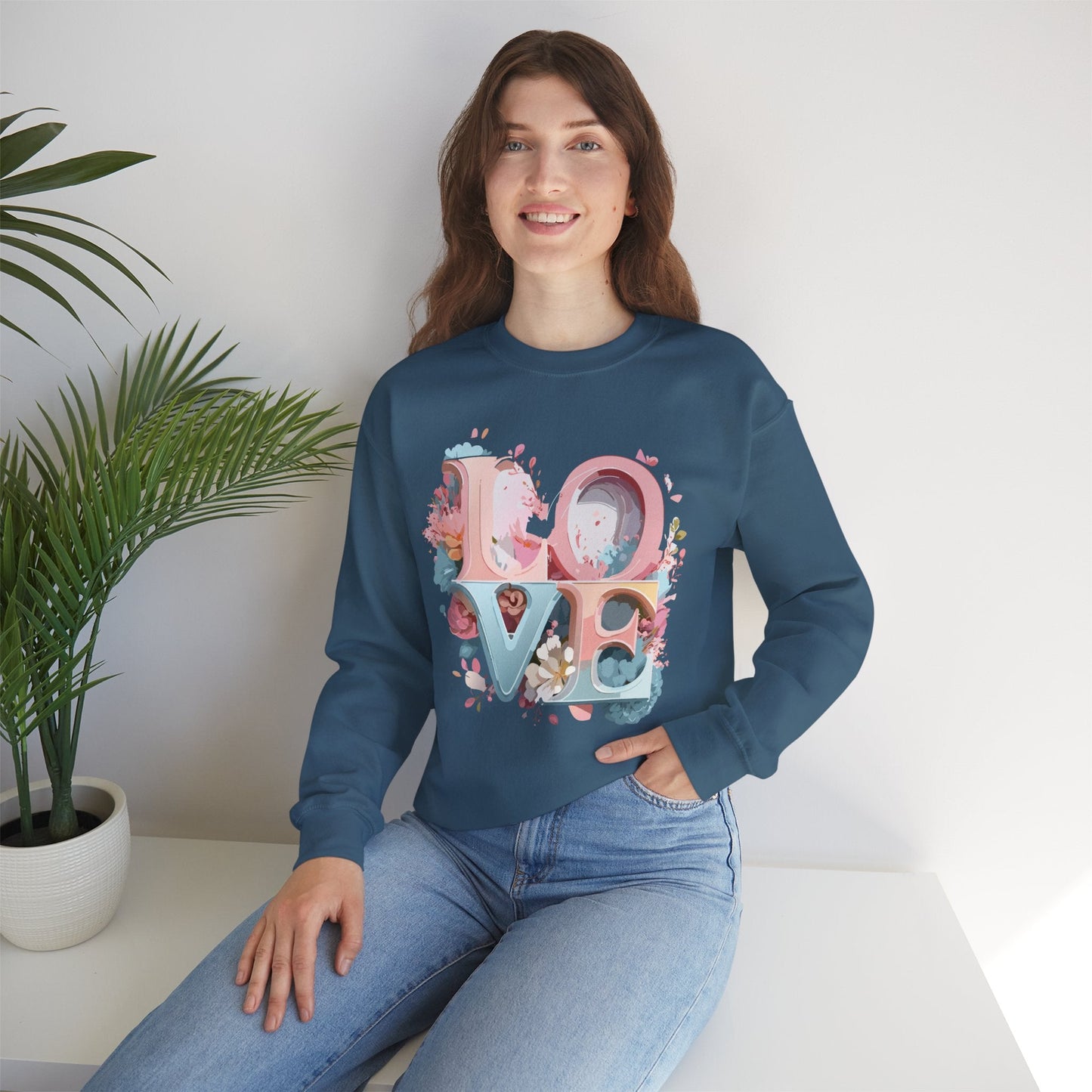Floral Love Sweatshirt Unisex Crewneck Valentine Day Gift Gildan 18000 Fifty Fifty Cotton Blend