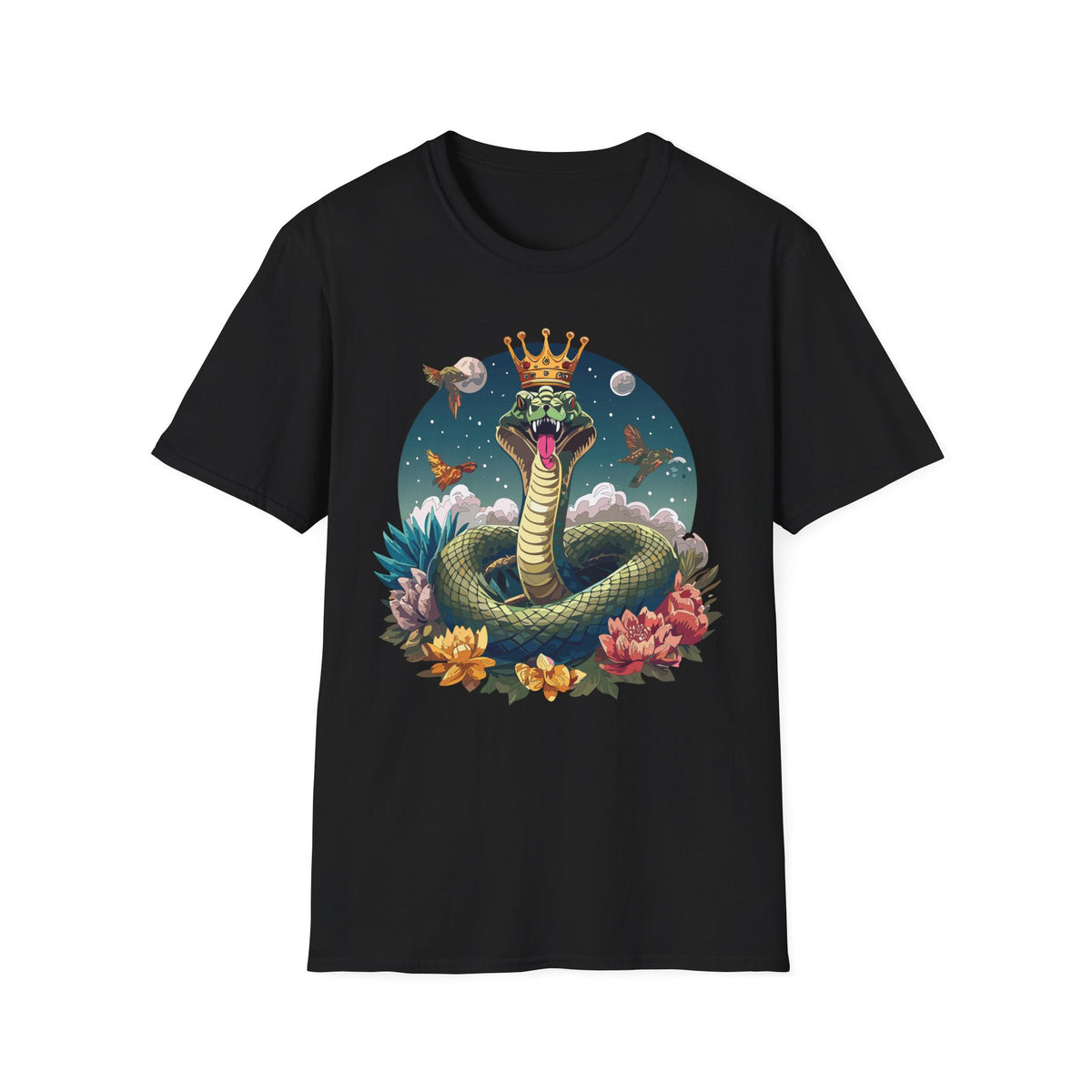 Crowned Snake Illustration T-Shirt | Regal Serpent, Floral Night Scene