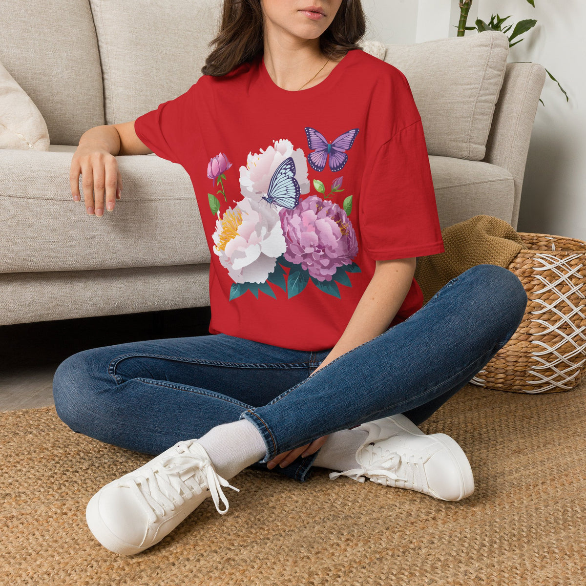Floral Peonies & Butterflies T-Shirt — pastel garden tee for spring, Mother's Day Graphic Tee Unisex 100 Cotton Gildan T-Shirt