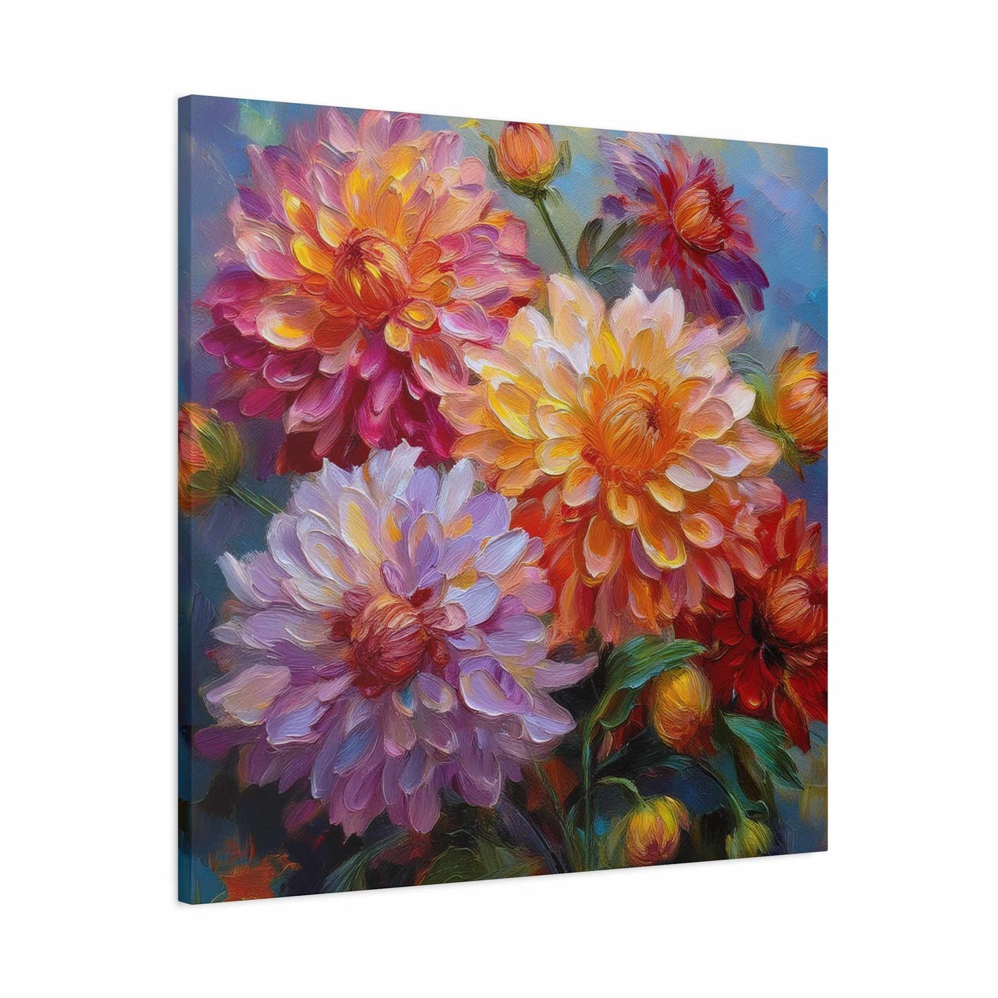 Dahlias Floral Print Canvas, Floral Oil Paint Print 20x20, 24x24, 30x30, 32x32, 36x36 Art Design Pine-Wood Inner Frame MC-165