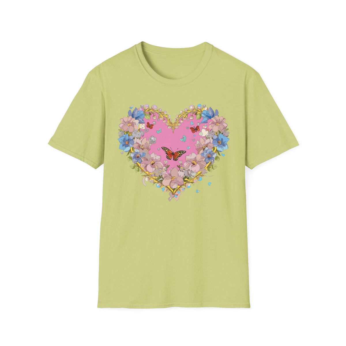 Floral Heart with Butterfly T-Shirt | Pink Bloom Love Graphic Tee Unisex 100 Cotton Gildan T-Shirt
