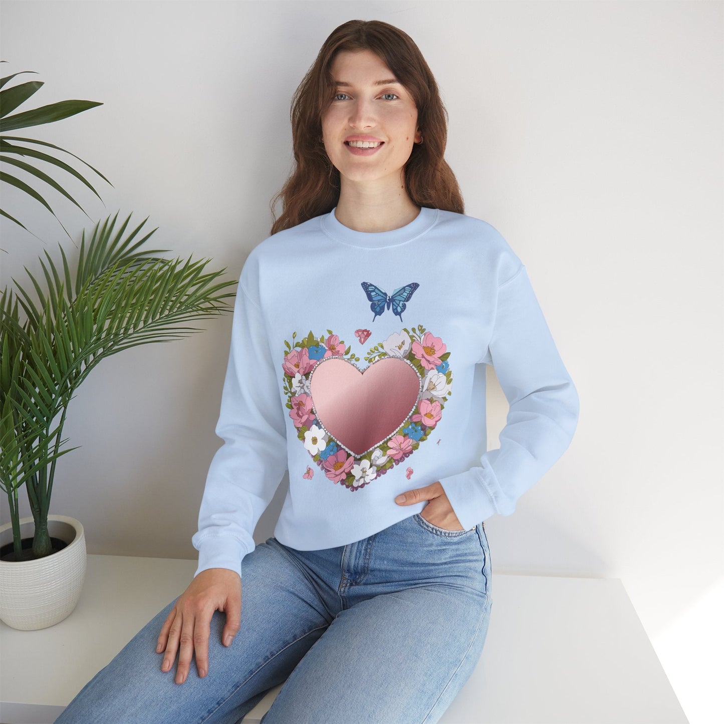 Unisex Floral Heart Sweatshirt Valentines Day Love Crewneck Gildan 18000 50/50 Cotton Polyester