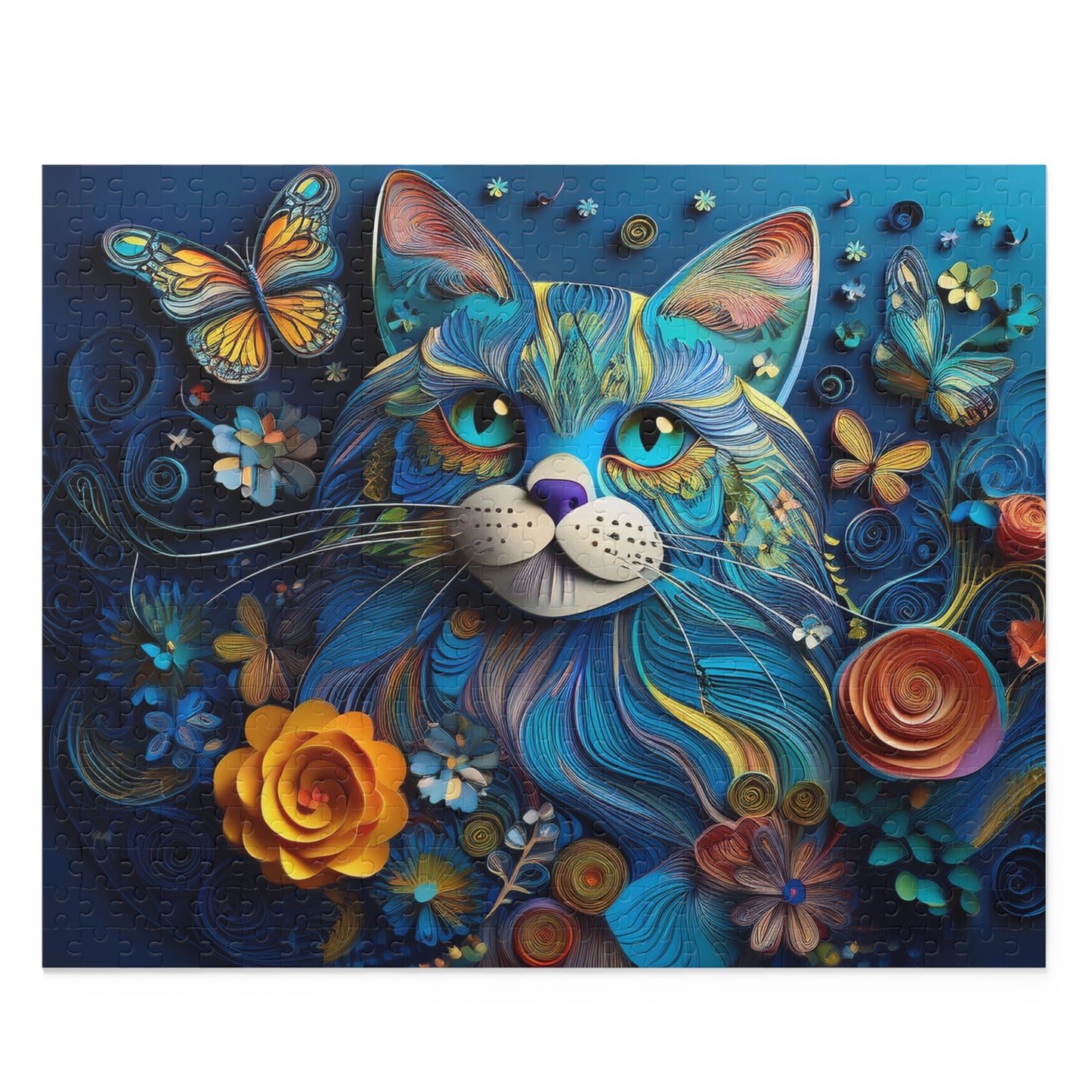 3D Blue Cat Face Puzzle 500-Piece | Floral Cat Puzzle 500-Piece Ages 9+
