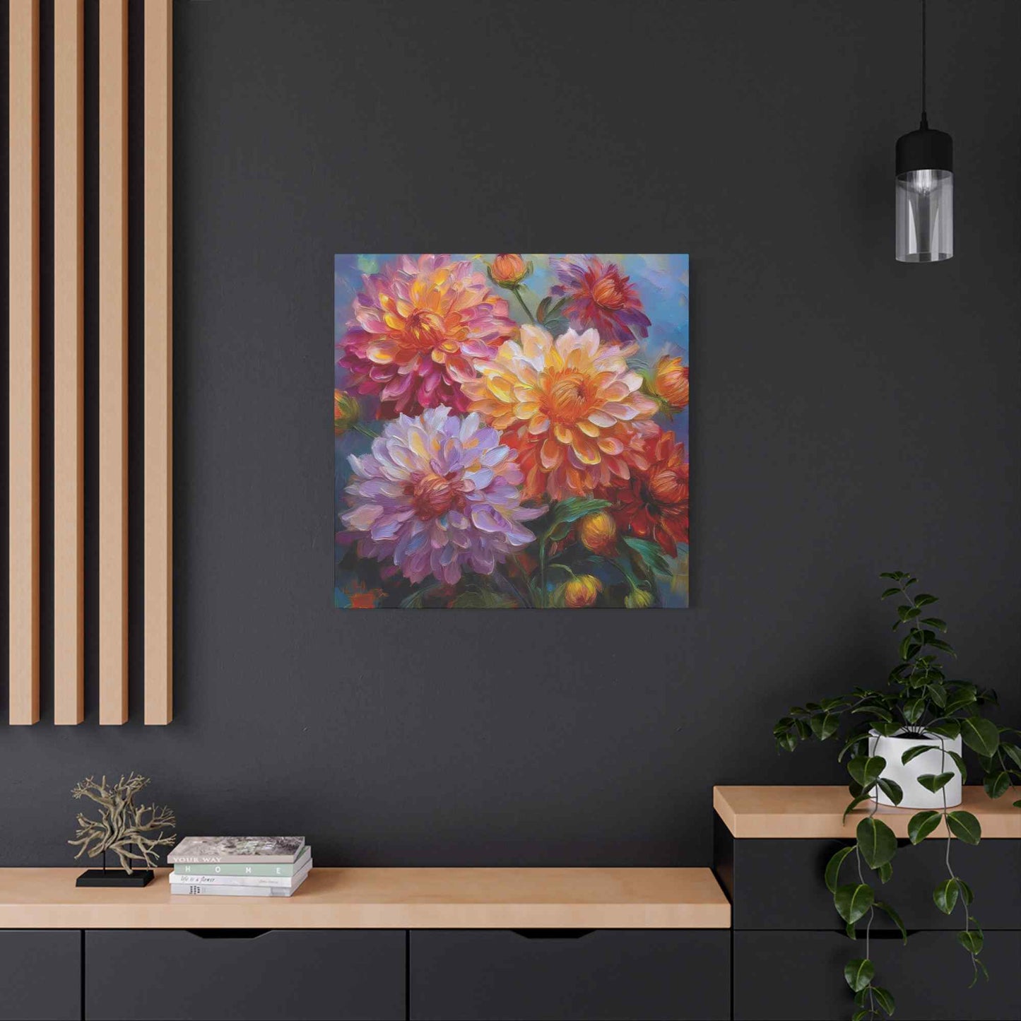 Dahlias Floral Print Canvas, Floral Oil Paint Print 20x20, 24x24, 30x30, 32x32, 36x36 Art Design Pine-Wood Inner Frame MC-165