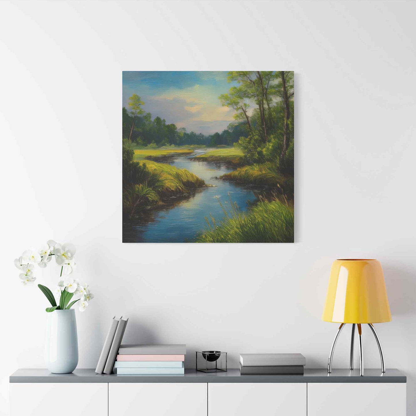 River Print Canvas, Landscape Oil Paint Print 20x20, 24x24, 30x30, 32x32, 36x36 Art Design Print Pine-Wood Inner Frame MC-52
