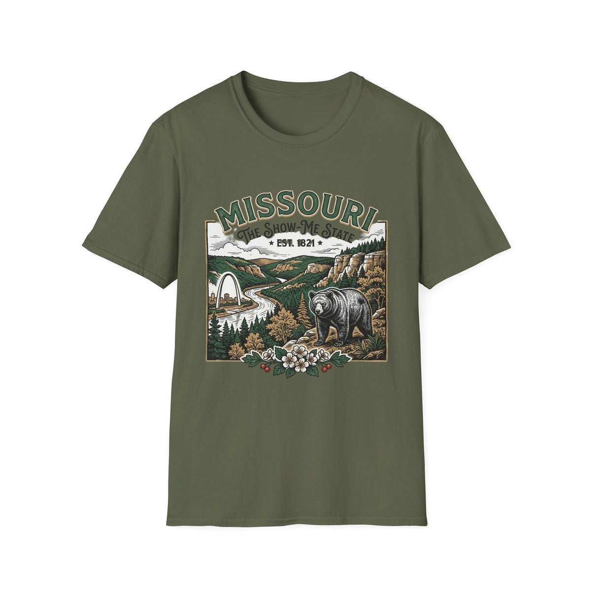 Missouri Vintage State Pride T-Shirt — State Scenic Bear Design Travel Tourist Graphic Design Unisex 100 Cotton Gildan T-Shirt