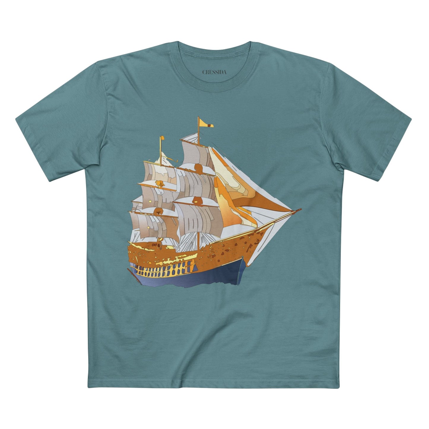 Ship Graphic Unisex 100 Cotton T-Shirt with Gold Frigate Art Design 23