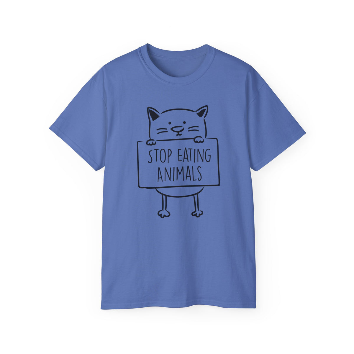 Cat Holding Sign Stop Eating Animals T-Shirt | Vegan Animal Rights Tee