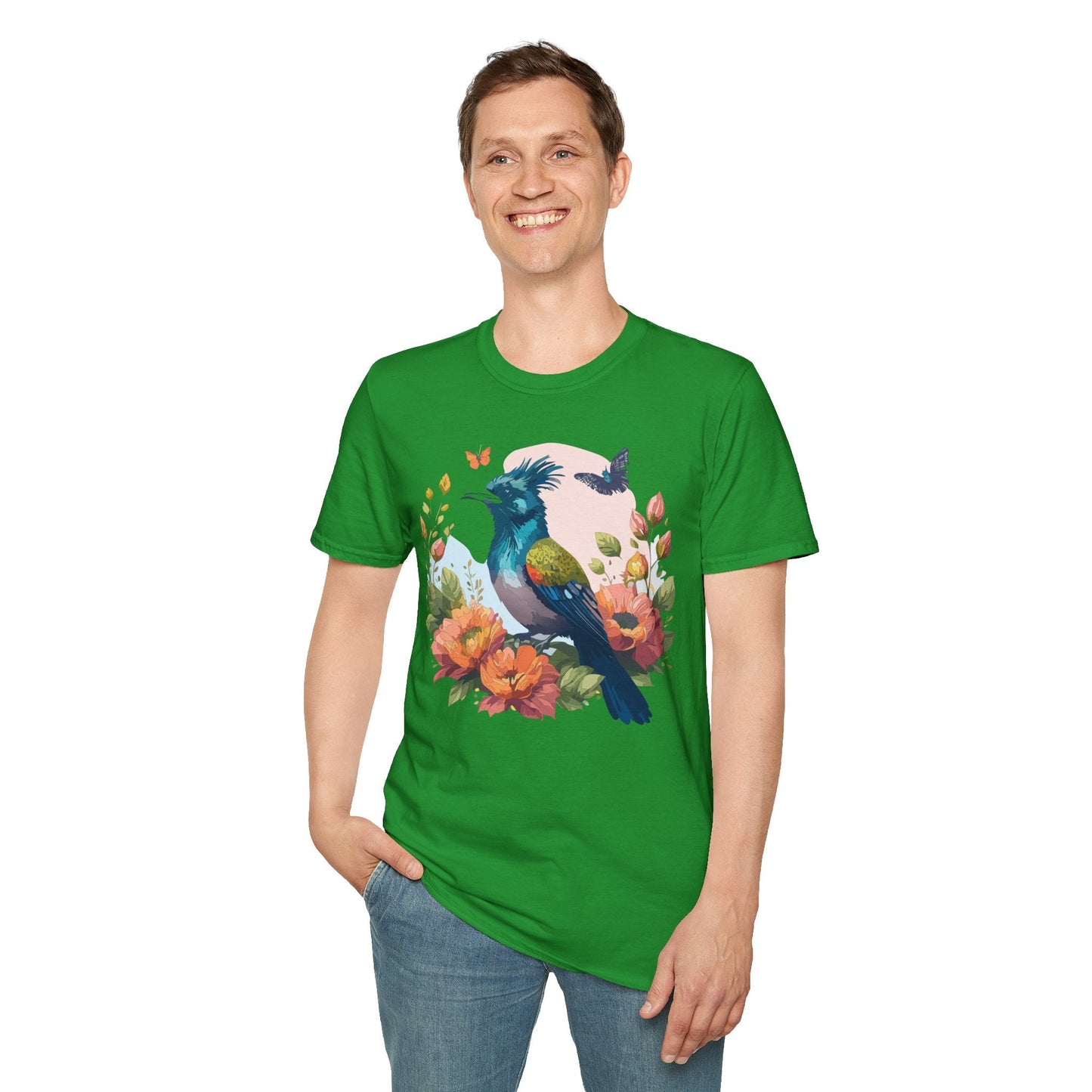 Floral Bird T Shirt Unisex Tee 100 Percent Ring Spun Cotton Softstyle Gildan 64000 Comfort Fit