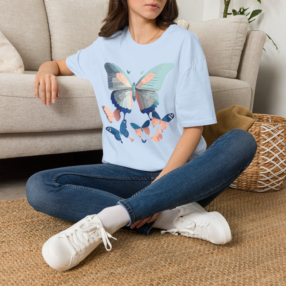 Butterfly Trio T‑Shirt — Pastel Blue & Peach Butterfly Graphic Design Unisex 100 Cotton Gildan T-Shirt