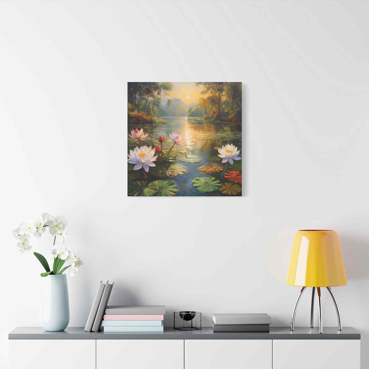 Water Lilies Print Canvas, Oil Paint Print 20x20, 24x24, 30x30, 32x32, 36x36 Floral Art Print Pine-Wood Inner Frame MC-65