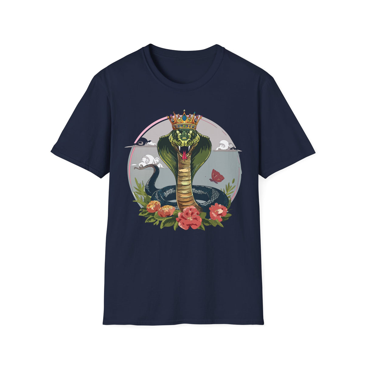 Crowned King Cobra T-Shirt | Snake Illustration, Floral Accent