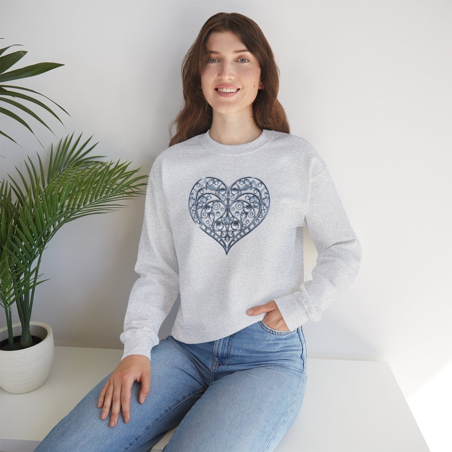 Big Crystal Heart Sweatshirt Unisex Fifty Fifty Cotton Poly Crewneck Valentines Day Sweatshirt
