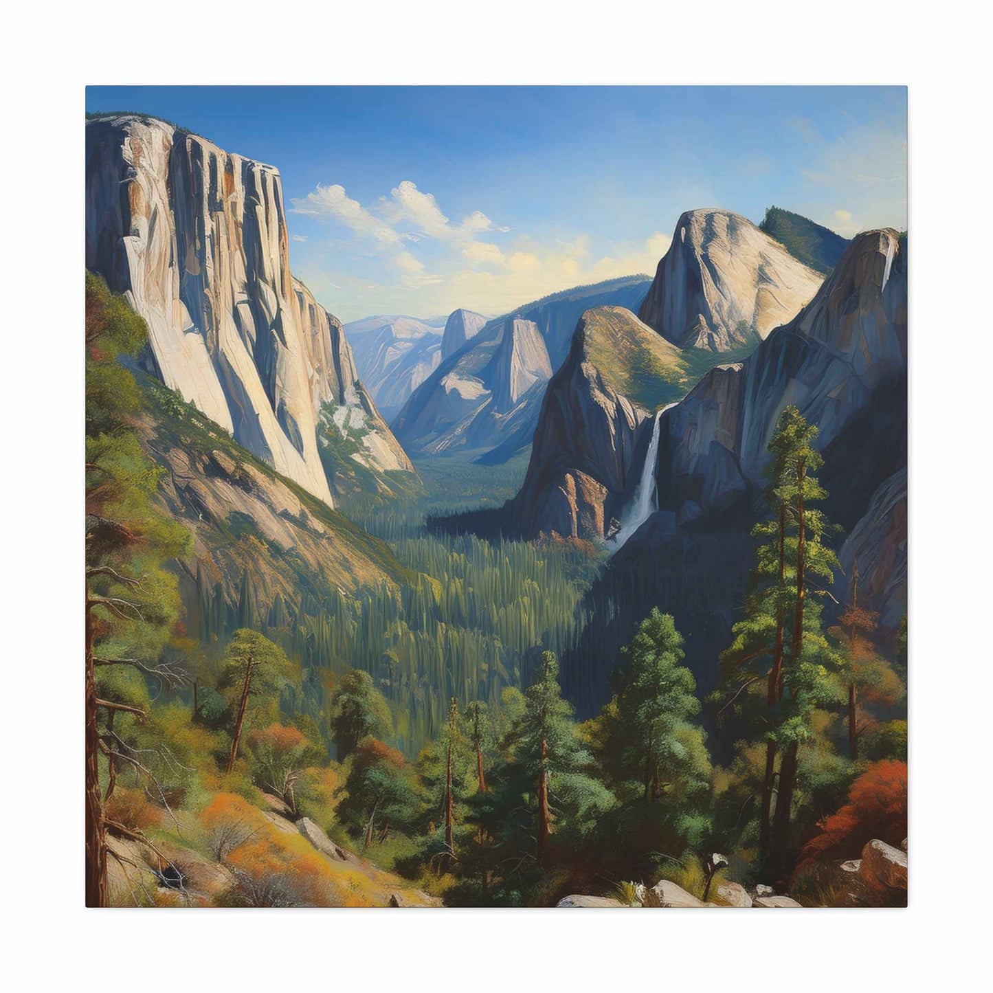 Yosemite Valley Print Canvas, Oil Paint Print 20x20, 24x24, 30x30, 32x32, 36x36 Art Design Print Pine-Wood Inner Frame MC-60