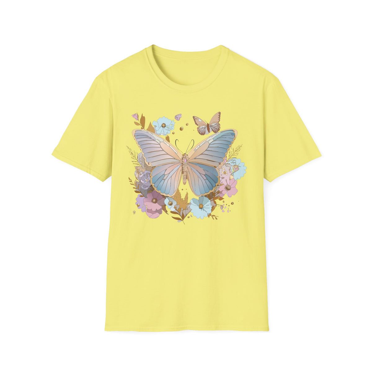 Butterfly Bloom T-Shirt — Pastel Floral Butterfly Graphic Design Unisex 100 Cotton Gildan T-Shirt