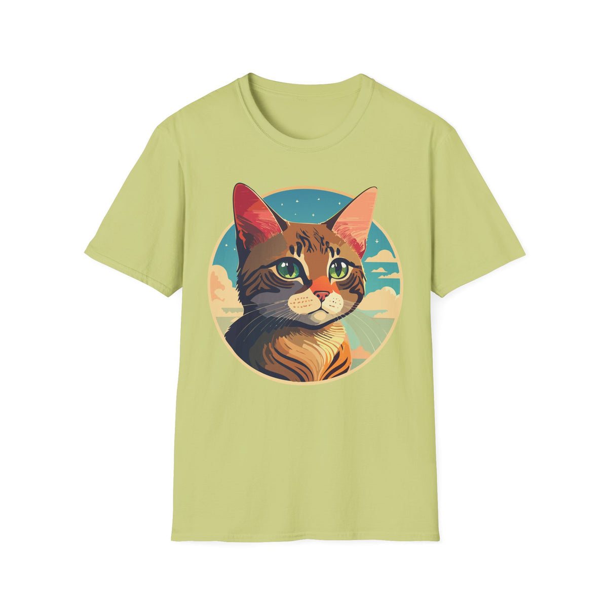Retro Sunset Tabby Cat T-Shirt | Vintage Cat Portrait, Nautical Sky