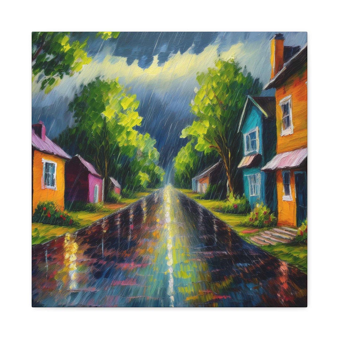 Rainy Village Street Canvas, Matte Oil Paint Print 20x20, 24x24, 30x30, 32x32, 36x36, Art Design Print Non-Frame MC-2