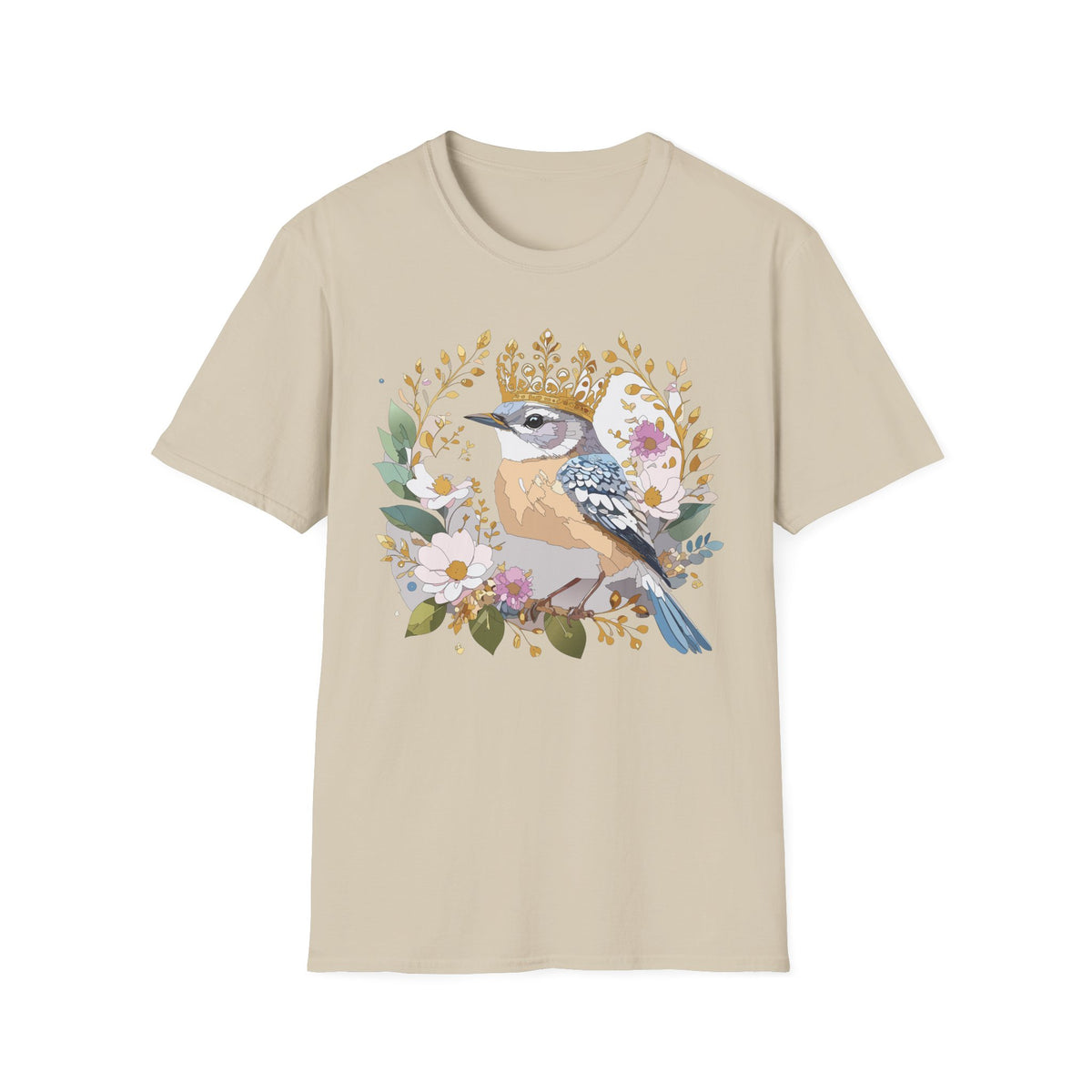 Blue Jay with Floral Wreath and Crown T-Shirt | Bird Illustration