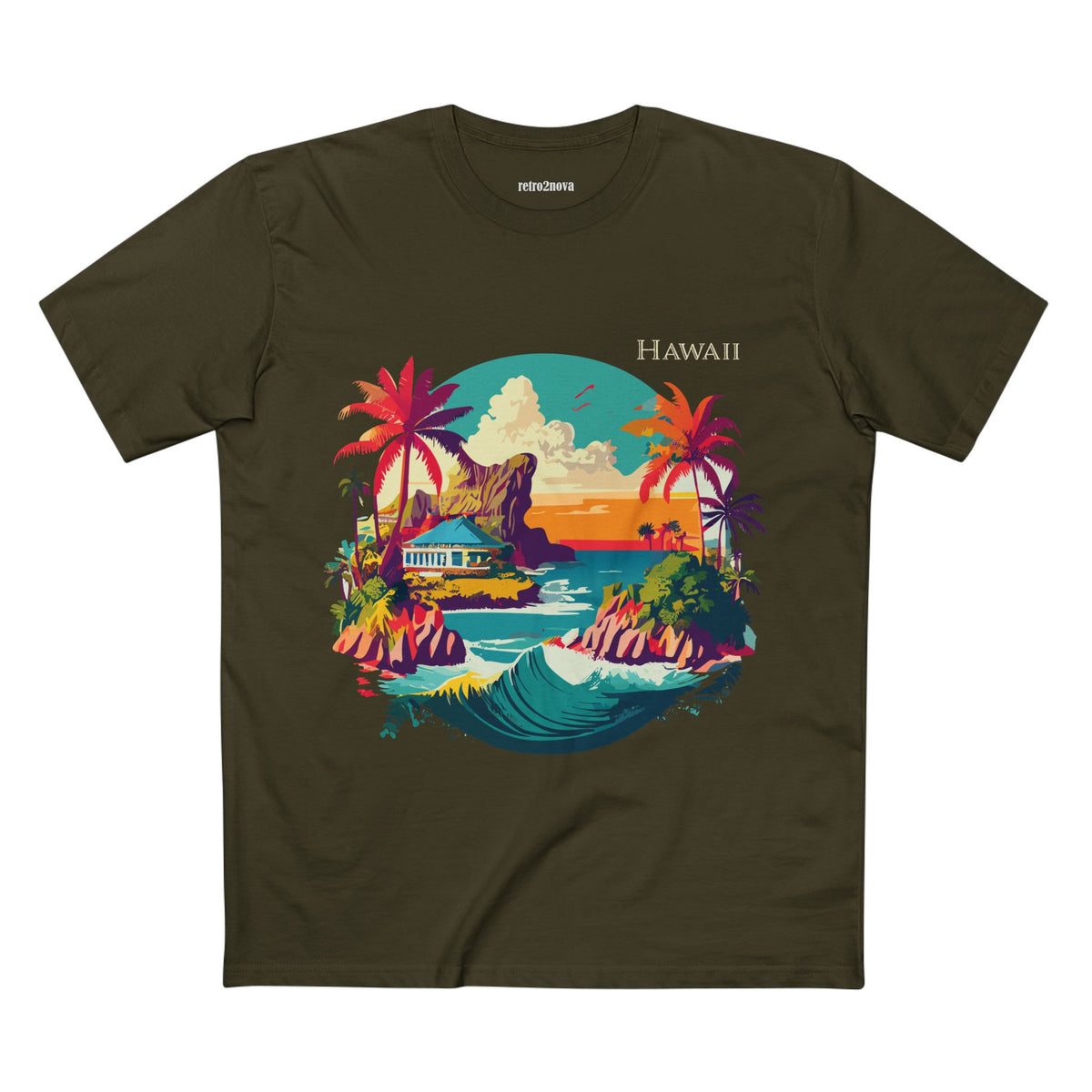 Hawaii Sunset Surf Scene T-Shirt | Tropical Beach Illustration