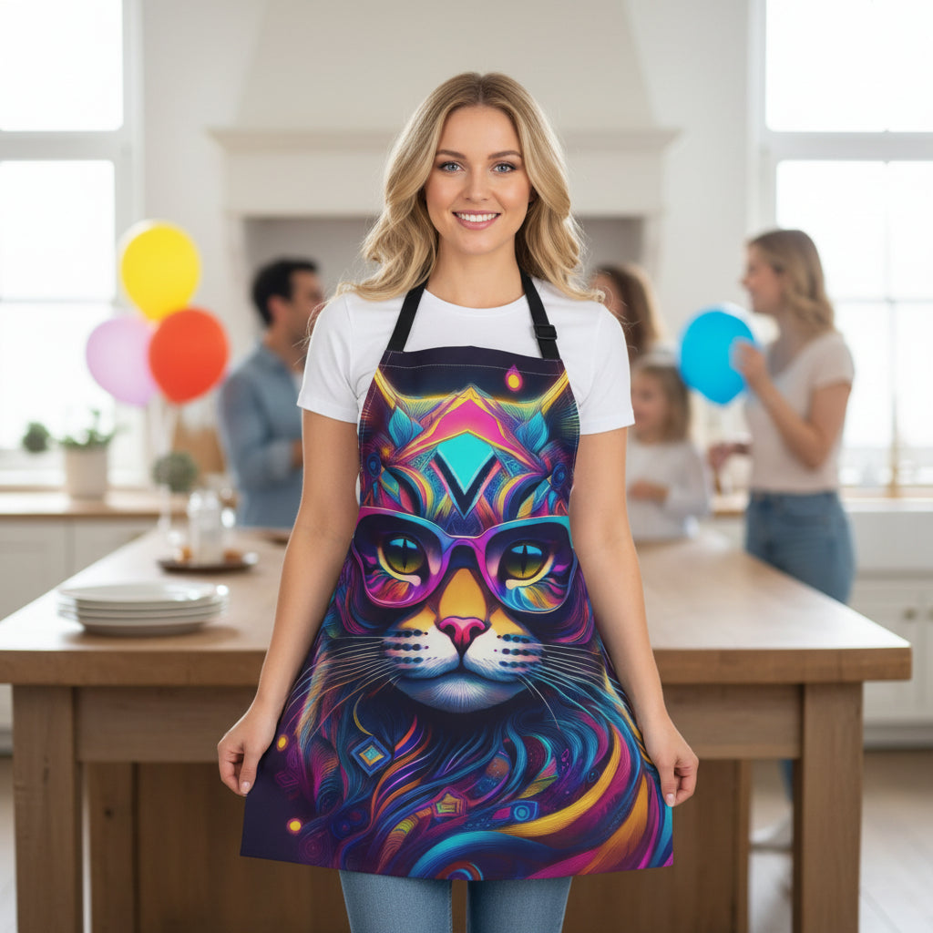 Neon Cat Chef Apron — Colorful Sunglasses Cat Kitchen Apron Stain-Resistant - Art Print Canvas Apron