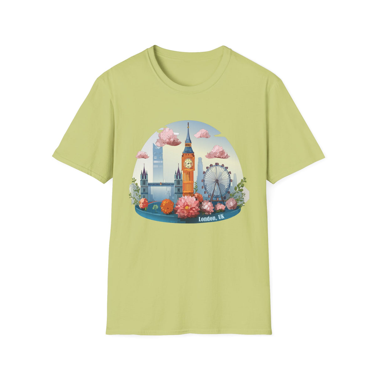 Whimsical London Skyline T-Shirt | Big Ben, London Eye, pastel clouds