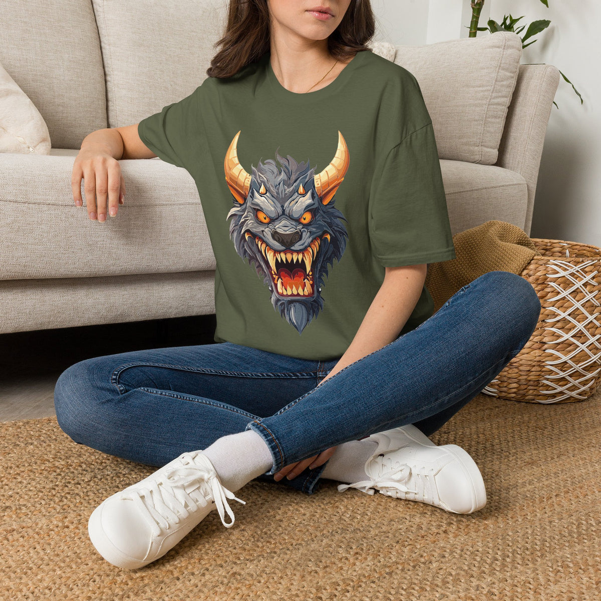 Demonic Beast Head T-Shirt — Horned Monster Cartoon Graphic Tee Unisex 100 Cotton Gildan T-Shirt