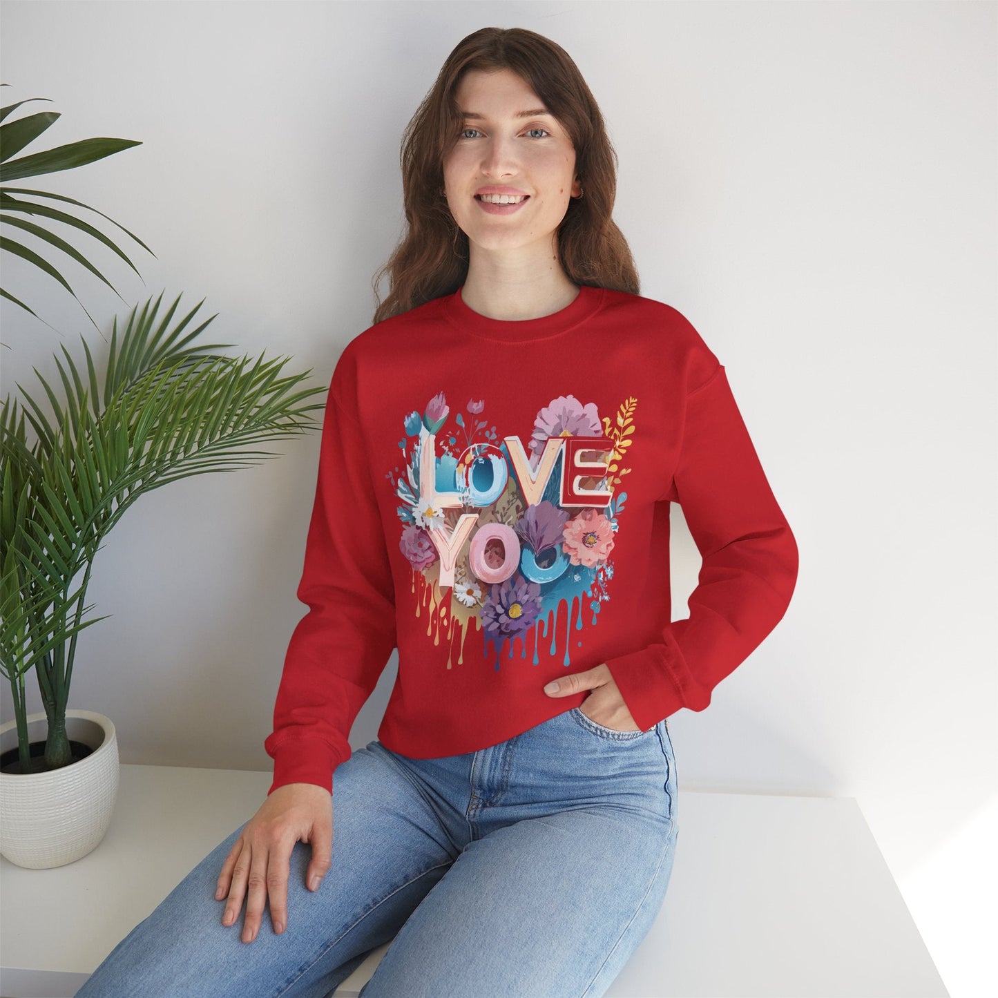 Floral Love Sweatshirt Unisex Heavy Blend Crewneck Valentine Day Flower Print Cozy Fleece Warm Gift