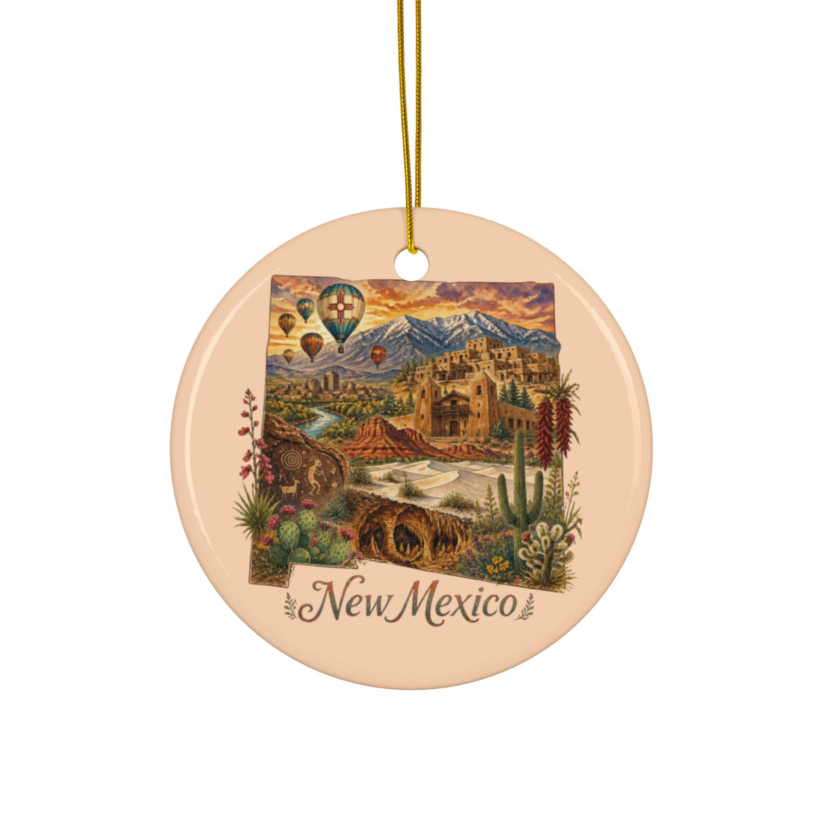New Mexico State Illustration Ornament | Ceramic Ornament - 2.99" Includes Gold String