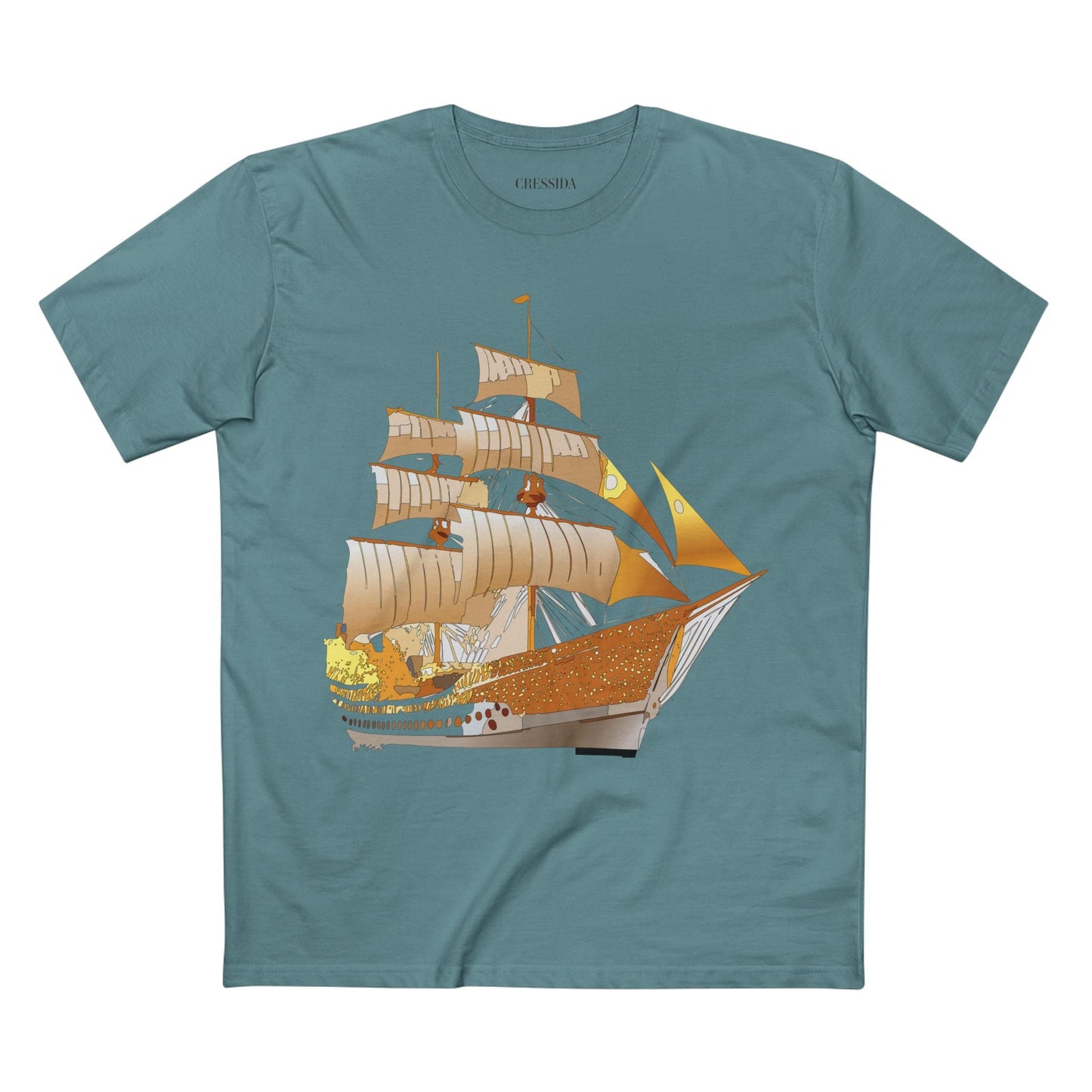 Ship Graphic Unisex 100 Cotton T-Shirt with Gold Frigate Art Design 24