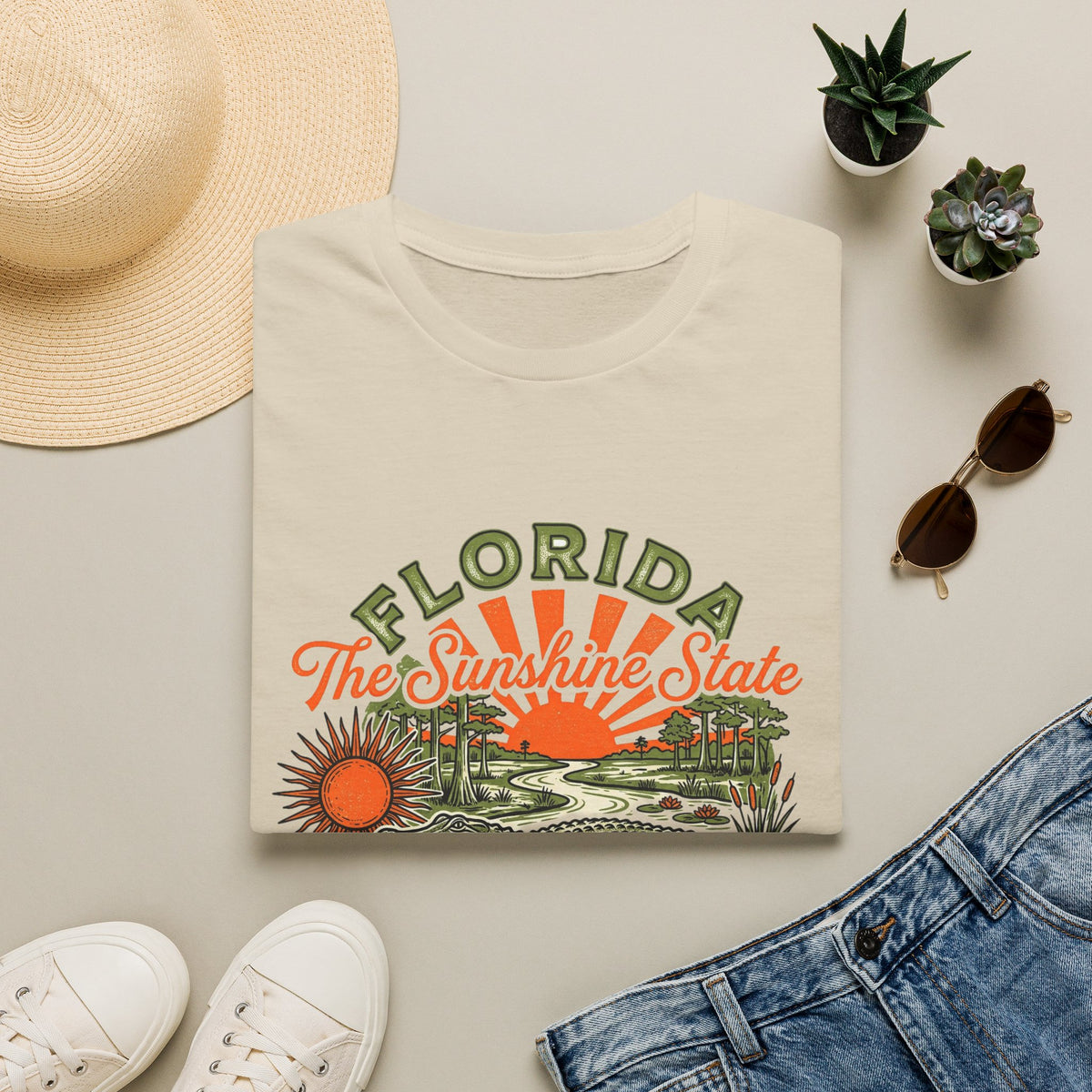 Florida Vintage Alligator T-Shirt — The Sunshine State Travel Tourist Graphic Design Unisex 100 Cotton Gildan T-Shirt