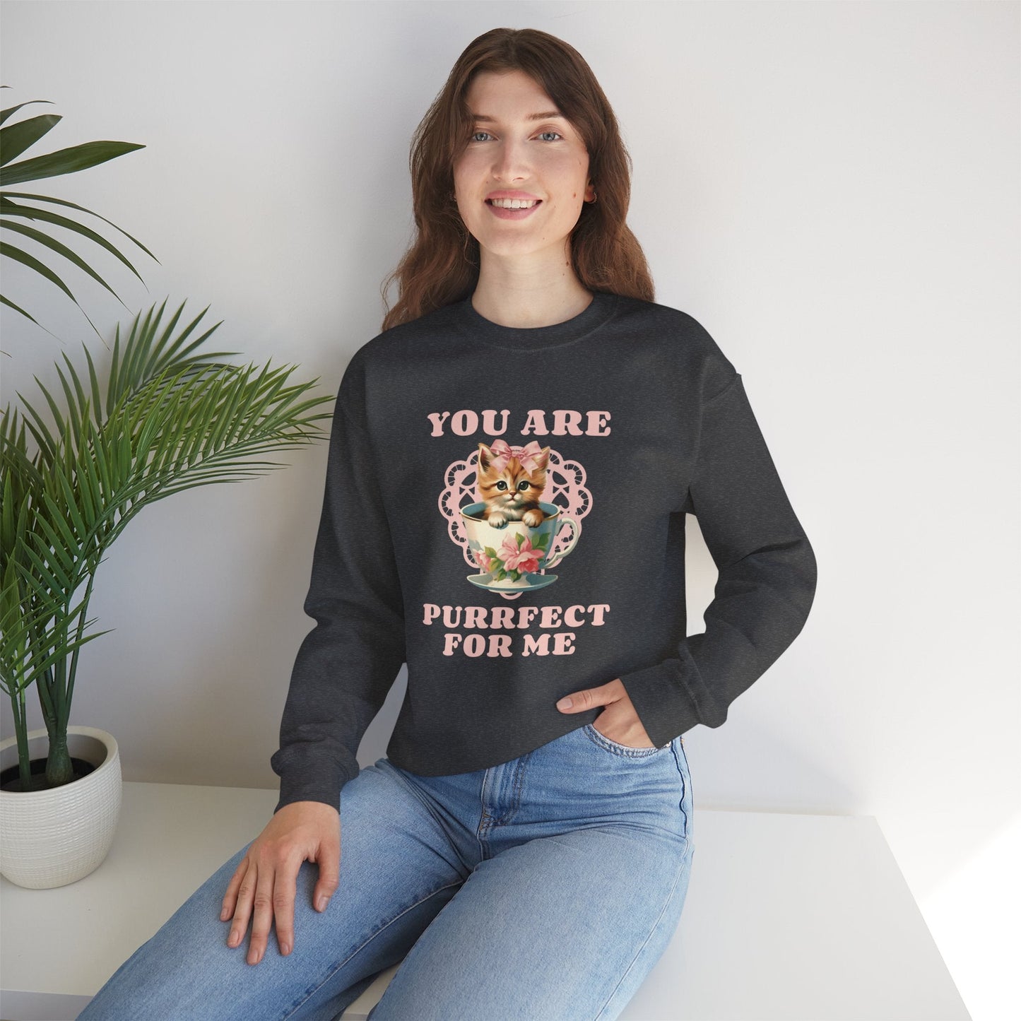Cat Sweatshirt With Heart Print Valentines Day Unisex 50 50 Cotton Poly Crewneck