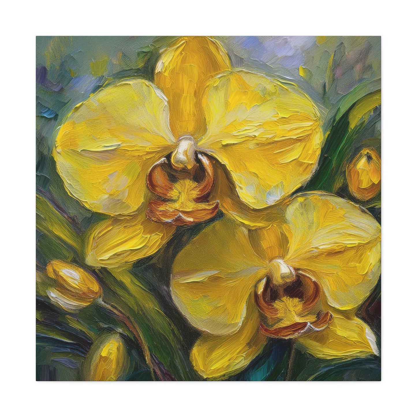 Yellow Orchids Print Canvas, Floral Oil Paint Print 20x20, 24x24, 30x30, 32x32, 36x36 Art Design Pine-Wood Inner Frame MC-140
