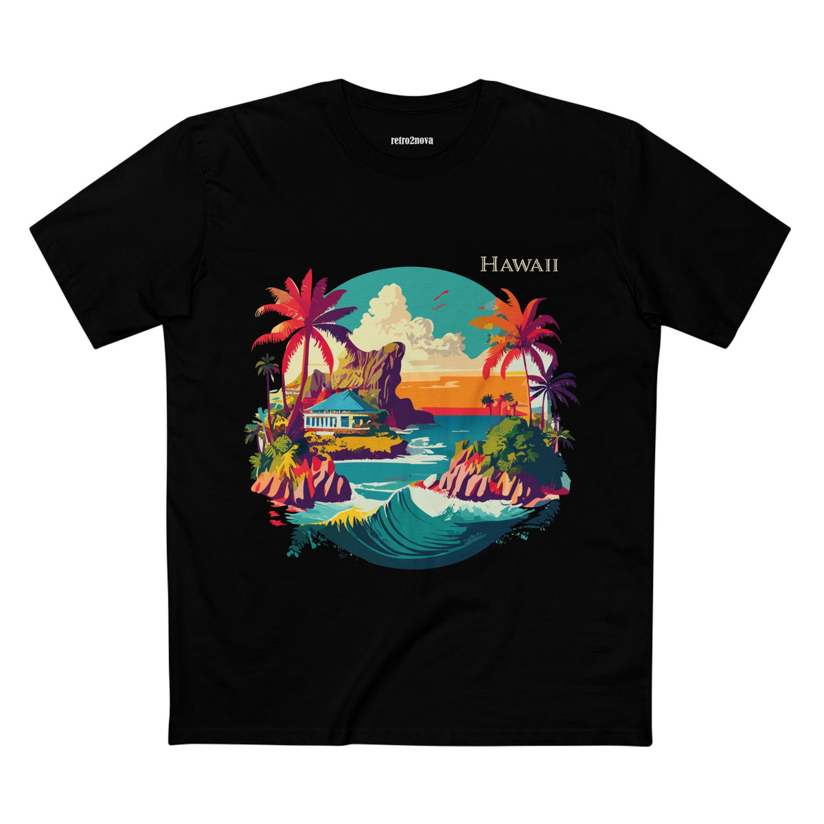 Hawaii Sunset Surf Scene T-Shirt | Tropical Beach Illustration