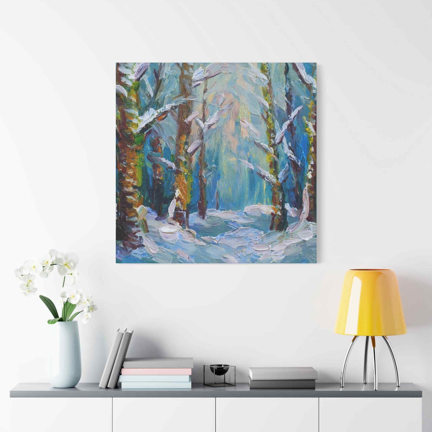 Snow Forest Print Canvas, Oil Paint Print 20x20, 24x24, 30x30, 32x32, 36x36 Art Design Print Pine-Wood Inner Frame MC-76
