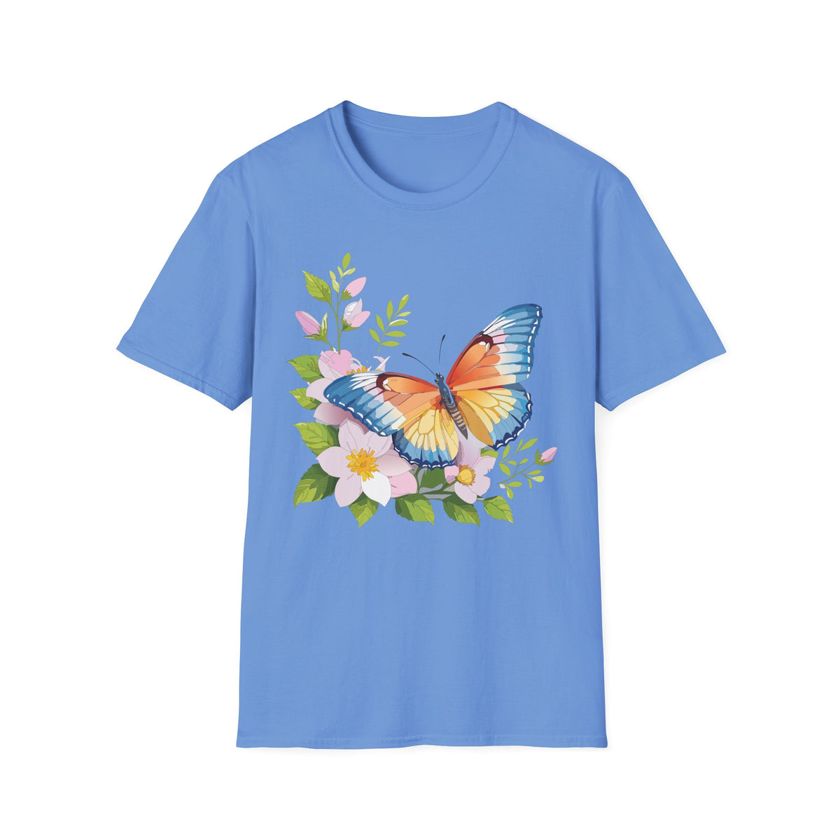 Butterfly Floral T-Shirt — Watercolor Orange & Blue Butterfly on Blossoms Graphic Design Unisex 100 Cotton Gildan T-Shirt