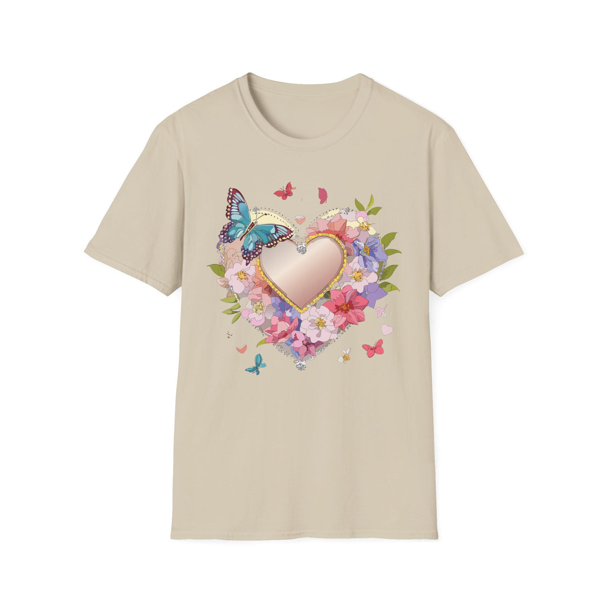 Butterfly Floral Heart Pink Gold Heart with Flowers and Butterflies Graphic Design Unisex 100 Cotton Gildan T-Shirt