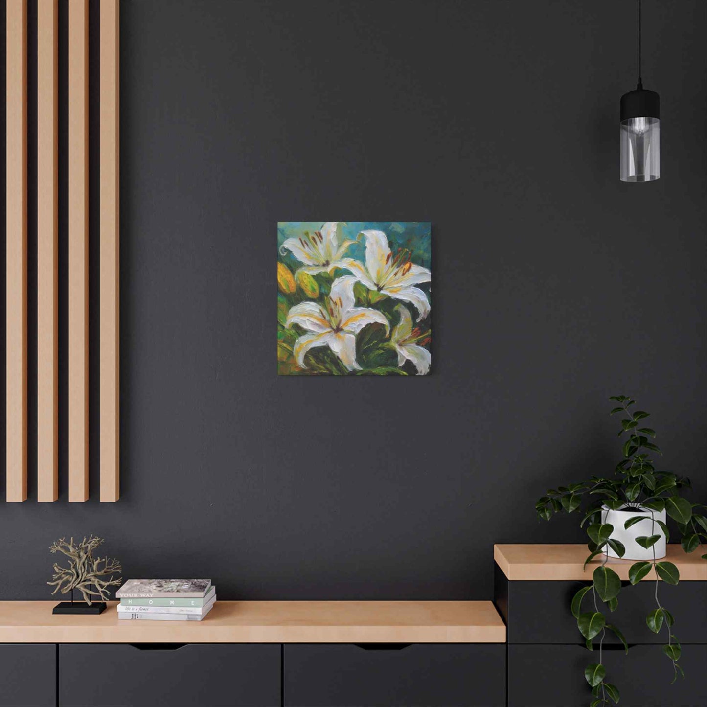 White Lilies Print Canvas, Floral Oil Paint Print 20x20, 24x24, 30x30, 32x32, 36x36 Art Design Pine-Wood Inner Frame MC-153