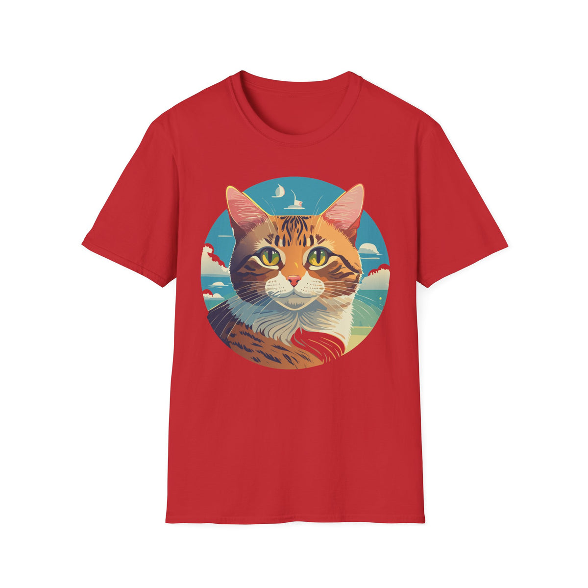 Sunset Tabby Cat T-Shirt | Cat Portrait Tee, Beach Sky Illustration