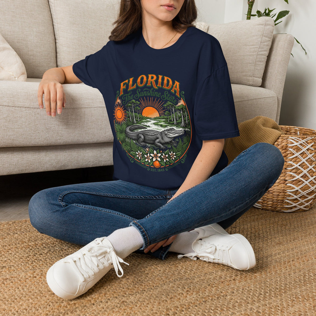 Florida The Sunshine State T-Shirt — Vintage Alligator Sunset Travel Tourist Graphic Design Unisex 100 Cotton Gildan T-Shirt