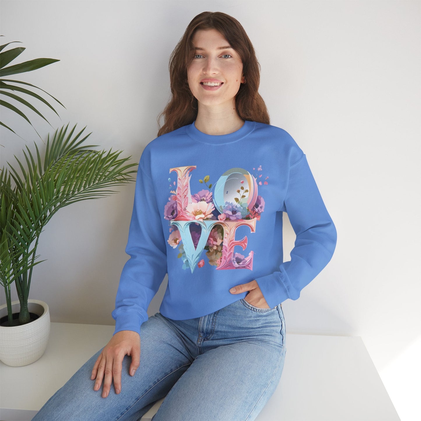 Floral Love Sweatshirt Unisex Crewneck Fifty Fifty Cotton Polyester Valentine Gift
