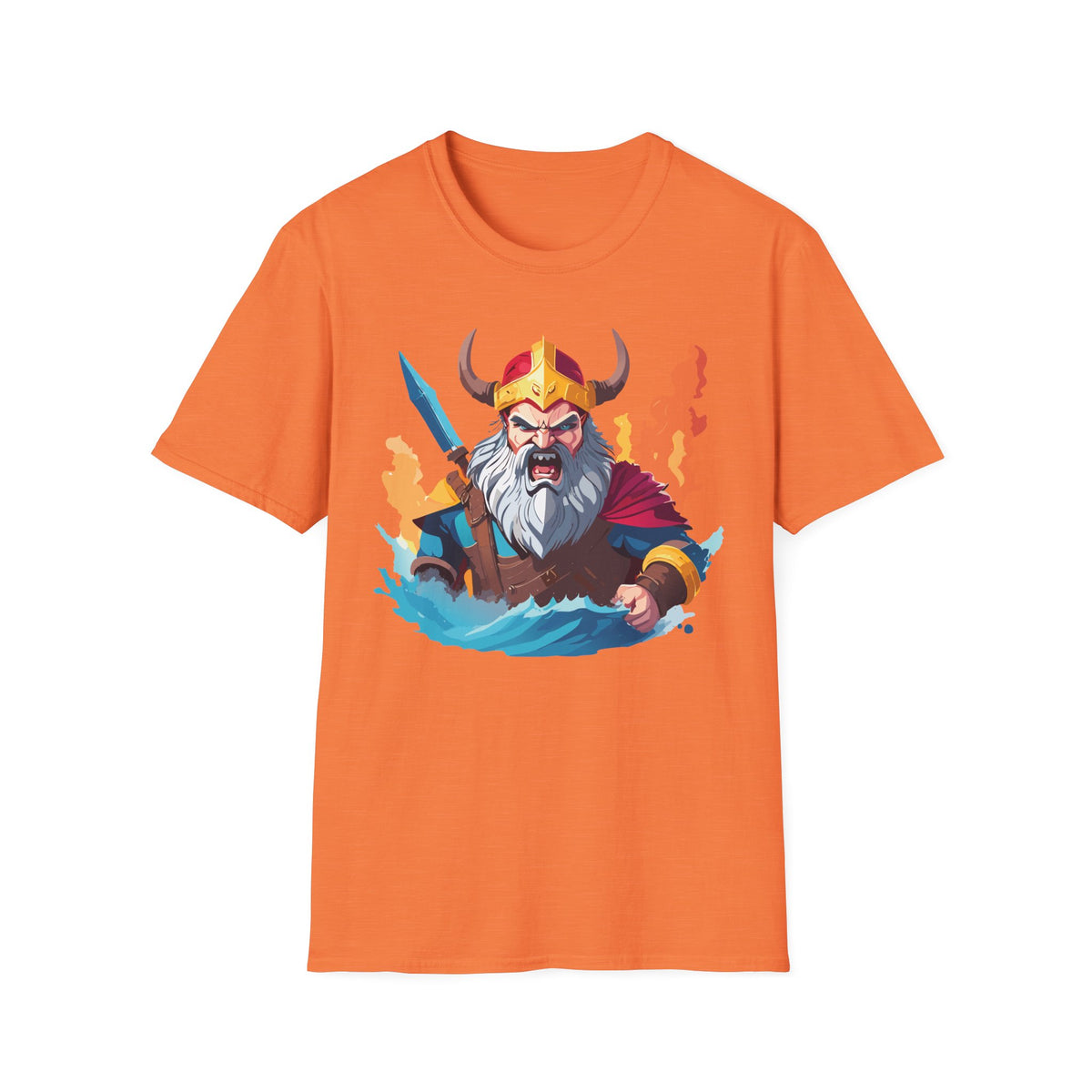 Viking Warrior Illustration T-Shirt | Horned Helmet, Sword, Flames