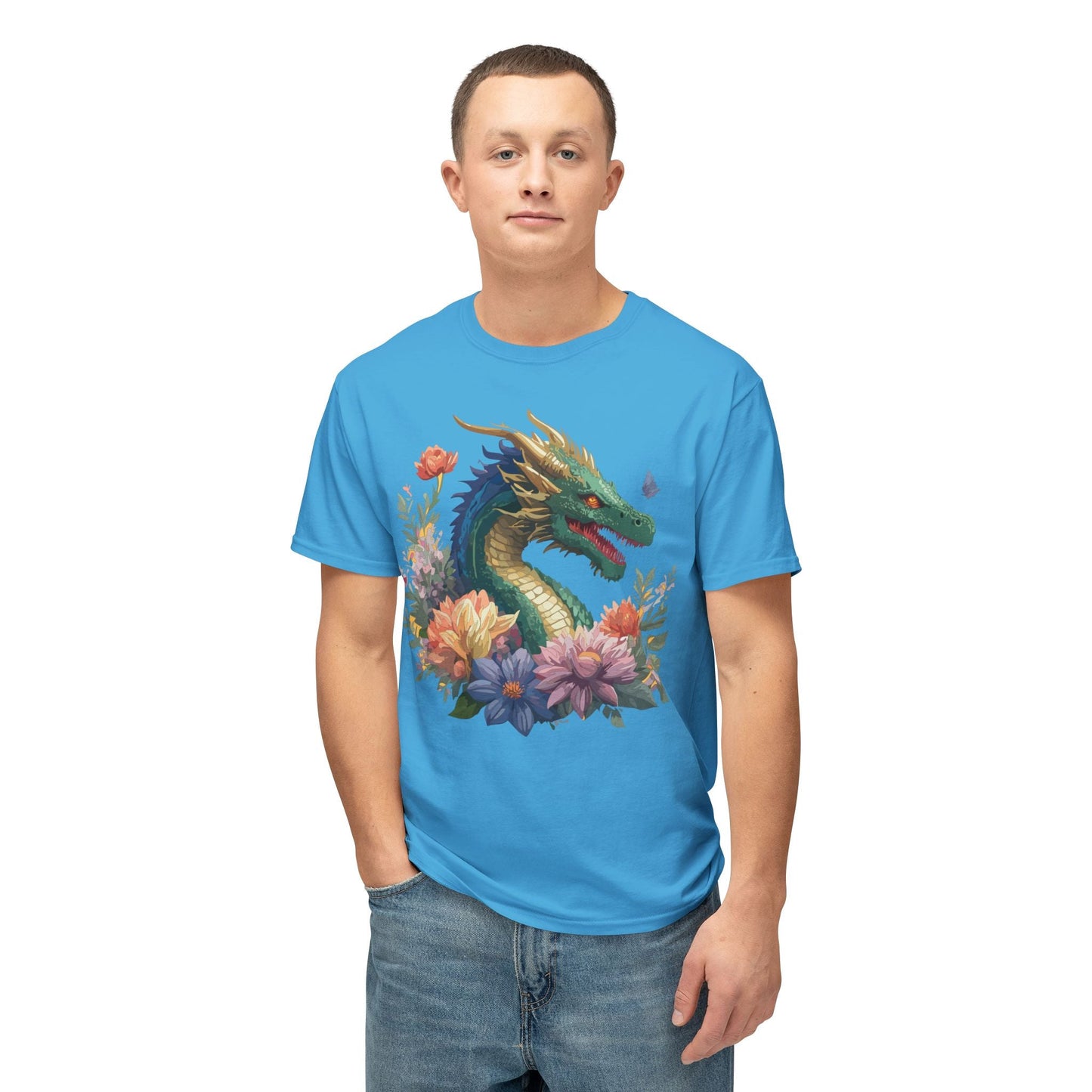 Dragon Art Tee Shirt Unisex Floral Print Cotton Tee USA Made