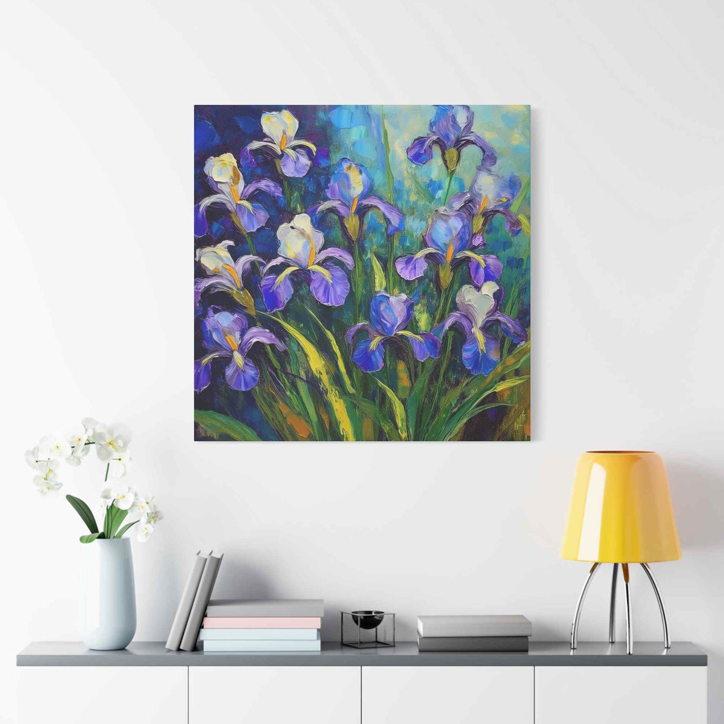 Irises Floral Print Canvas, Floral Oil Paint Print 20x20, 24x24, 30x30, 32x32, 36x36 Art Design Pine-Wood Inner Frame MC-188