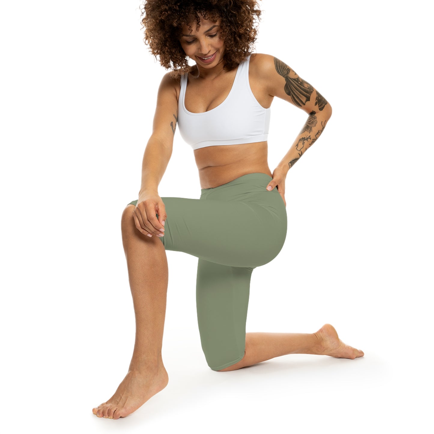 Dusty Sage Green Color Women's Brushed Suede Poly Span Casual Capri Leggings XS-2XL